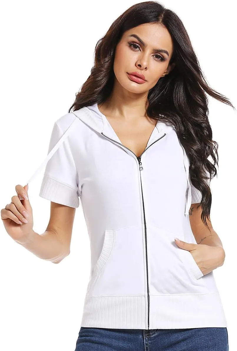 MISS MOLY Women's Short Sleeve Hoodie Full Zip Up Cotton Slim Fit Sweatshirt with Pocket