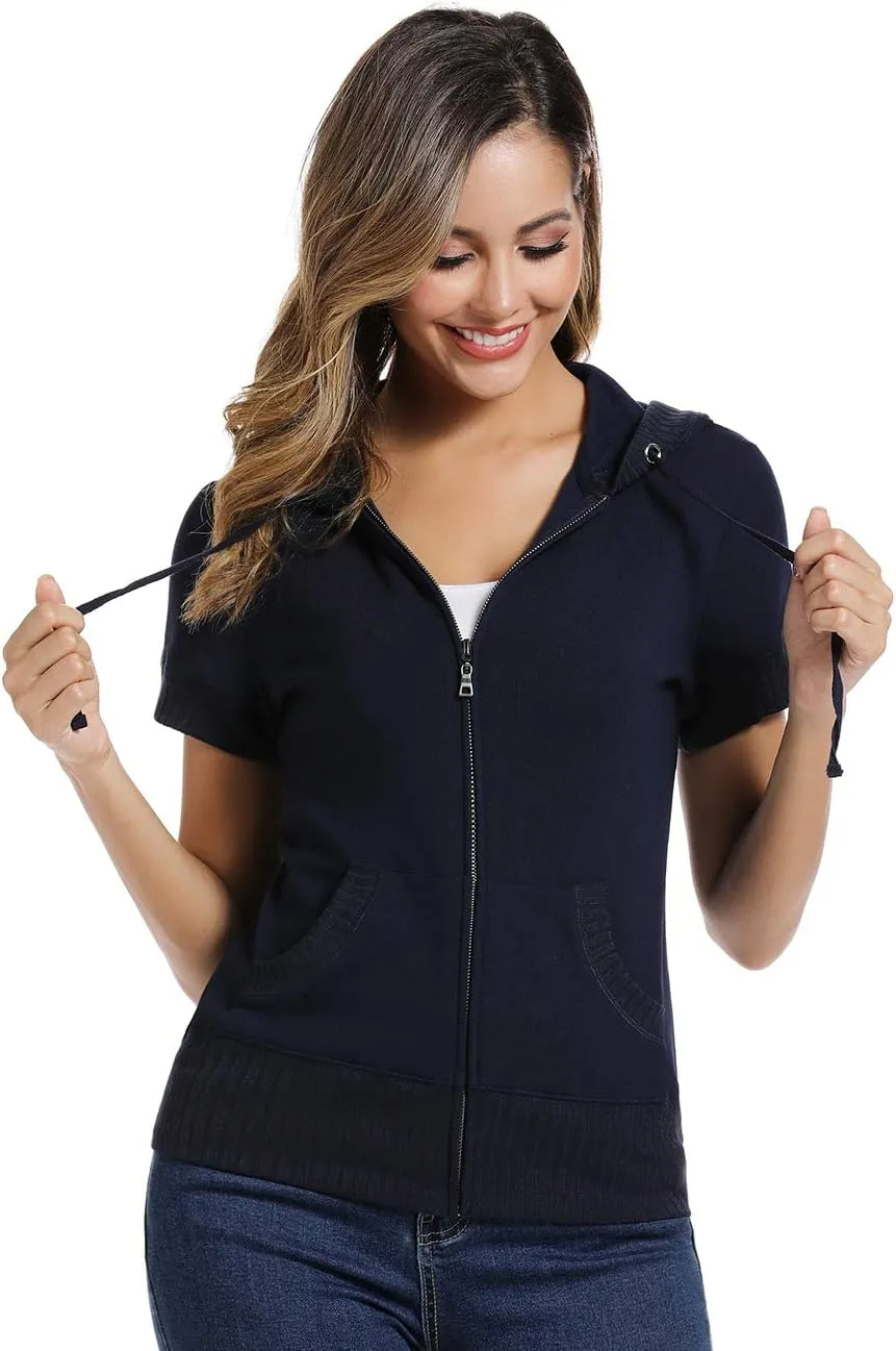 MISS MOLY Women's Short Sleeve Hoodie Full Zip Up Cotton Slim Fit Sweatshirt with Pocket