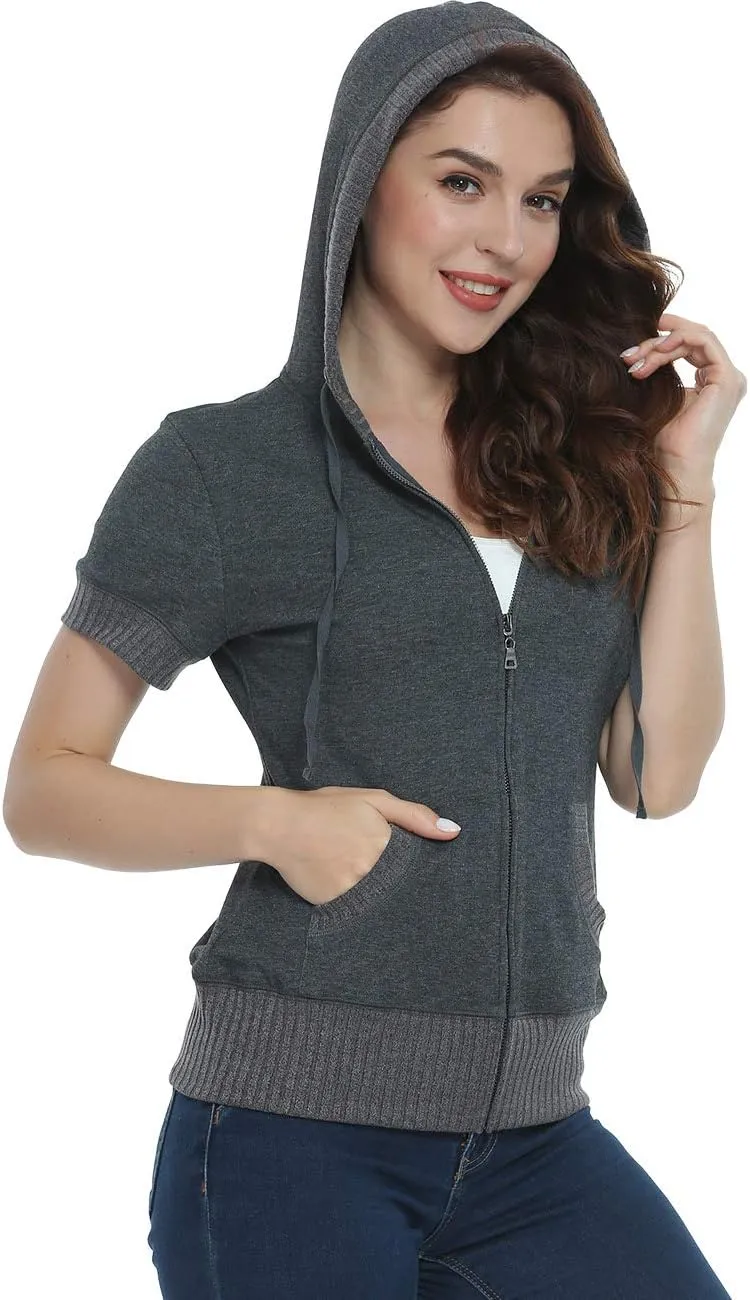 MISS MOLY Women's Short Sleeve Hoodie Full Zip Up Cotton Slim Fit Sweatshirt with Pocket