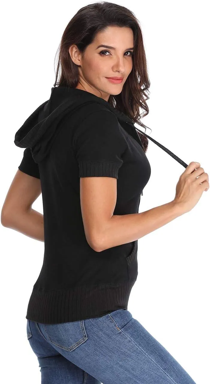 MISS MOLY Women's Short Sleeve Hoodie Full Zip Up Cotton Slim Fit Sweatshirt with Pocket