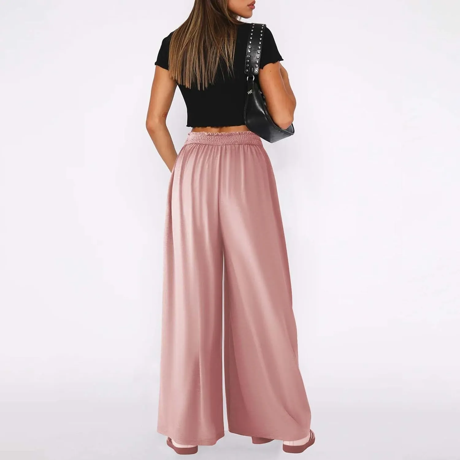 Miyaomn Women's Summer Wide Leg Culottes Casual Elastic High Waisted Flowy Palazzo Pants Pleated Lounge Trousers with Pockets