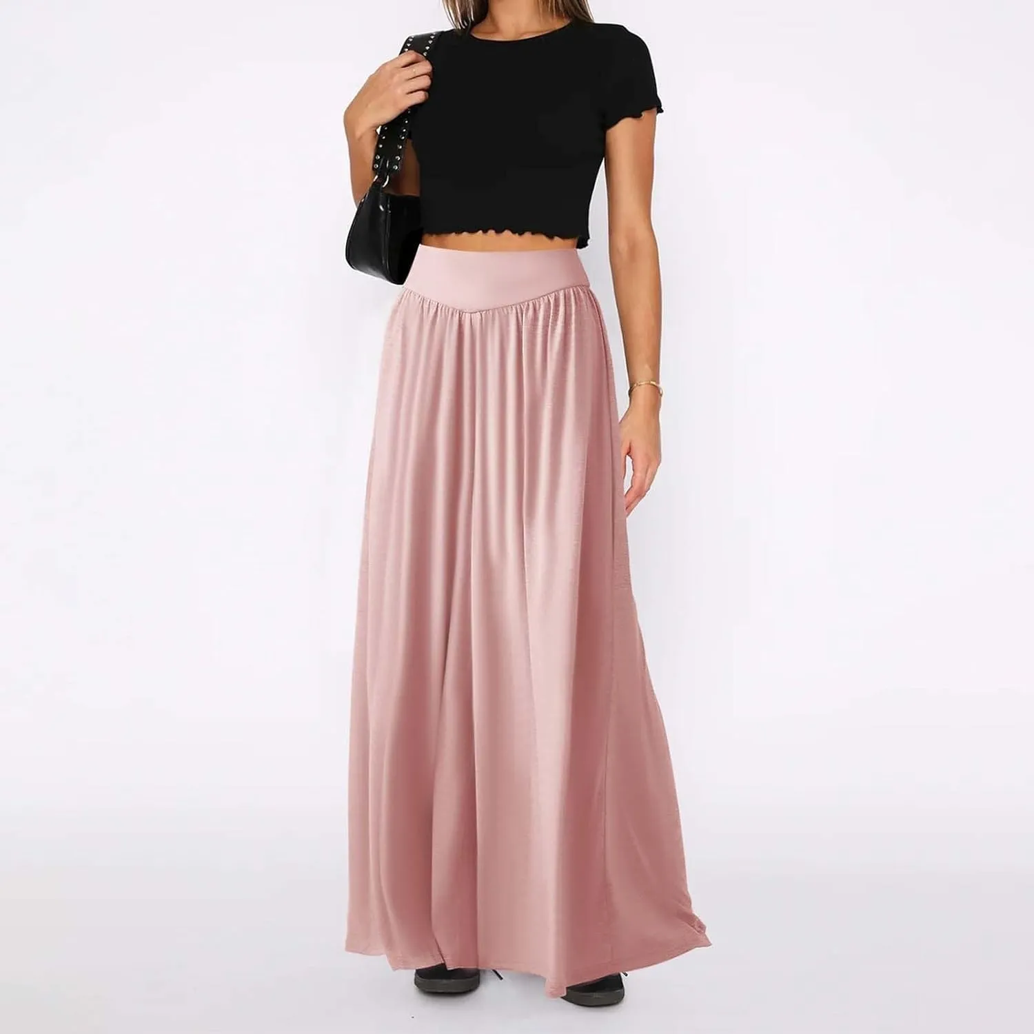 Miyaomn Women's Summer Wide Leg Culottes Casual Elastic High Waisted Flowy Palazzo Pants Pleated Lounge Trousers with Pockets