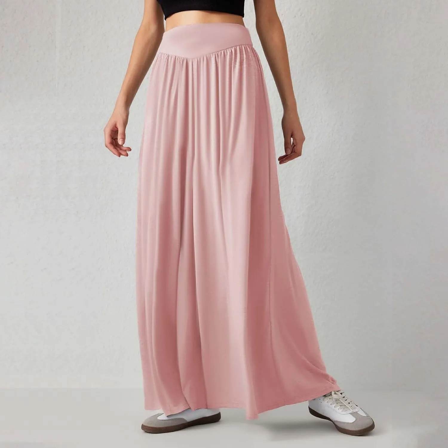 Miyaomn Women's Summer Wide Leg Culottes Casual Elastic High Waisted Flowy Palazzo Pants Pleated Lounge Trousers with Pockets
