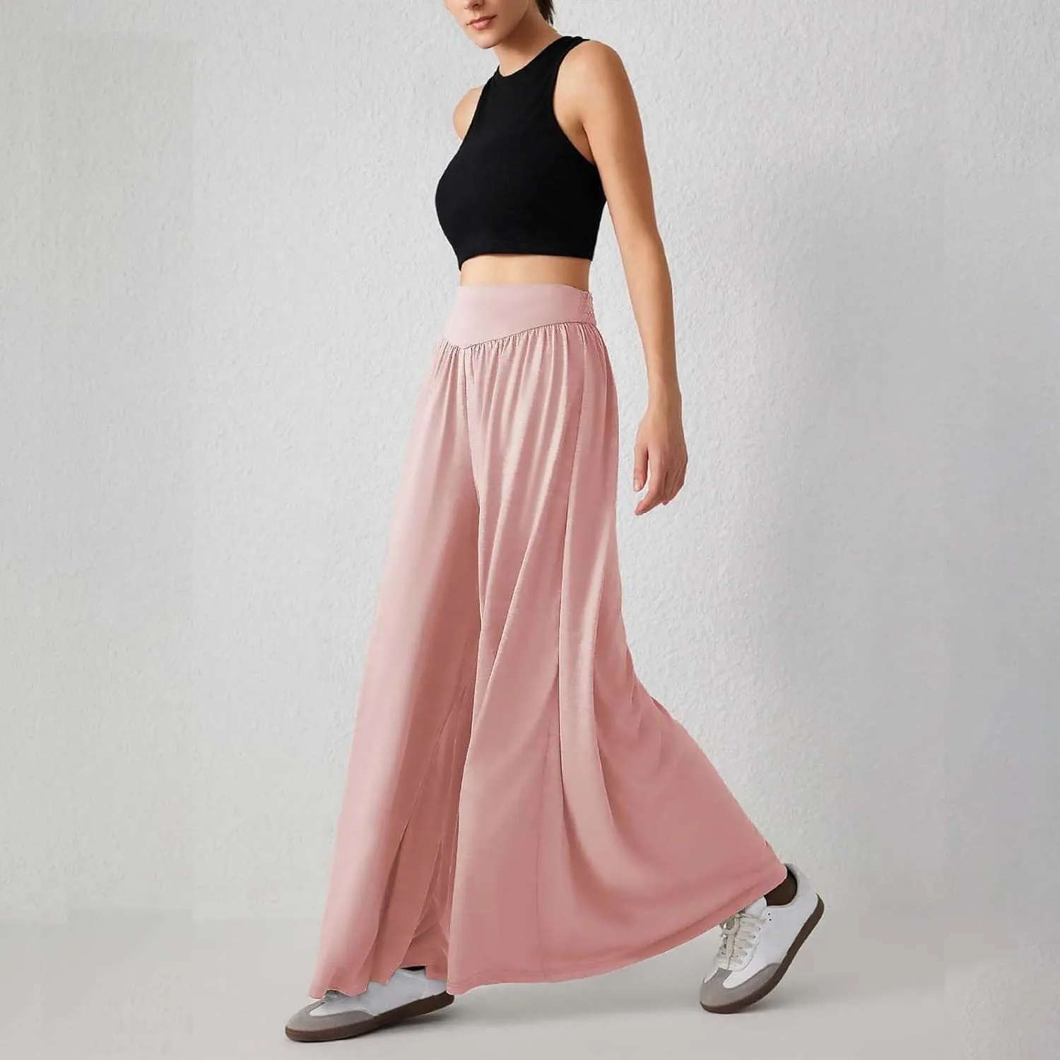 Miyaomn Women's Summer Wide Leg Culottes Casual Elastic High Waisted Flowy Palazzo Pants Pleated Lounge Trousers with Pockets