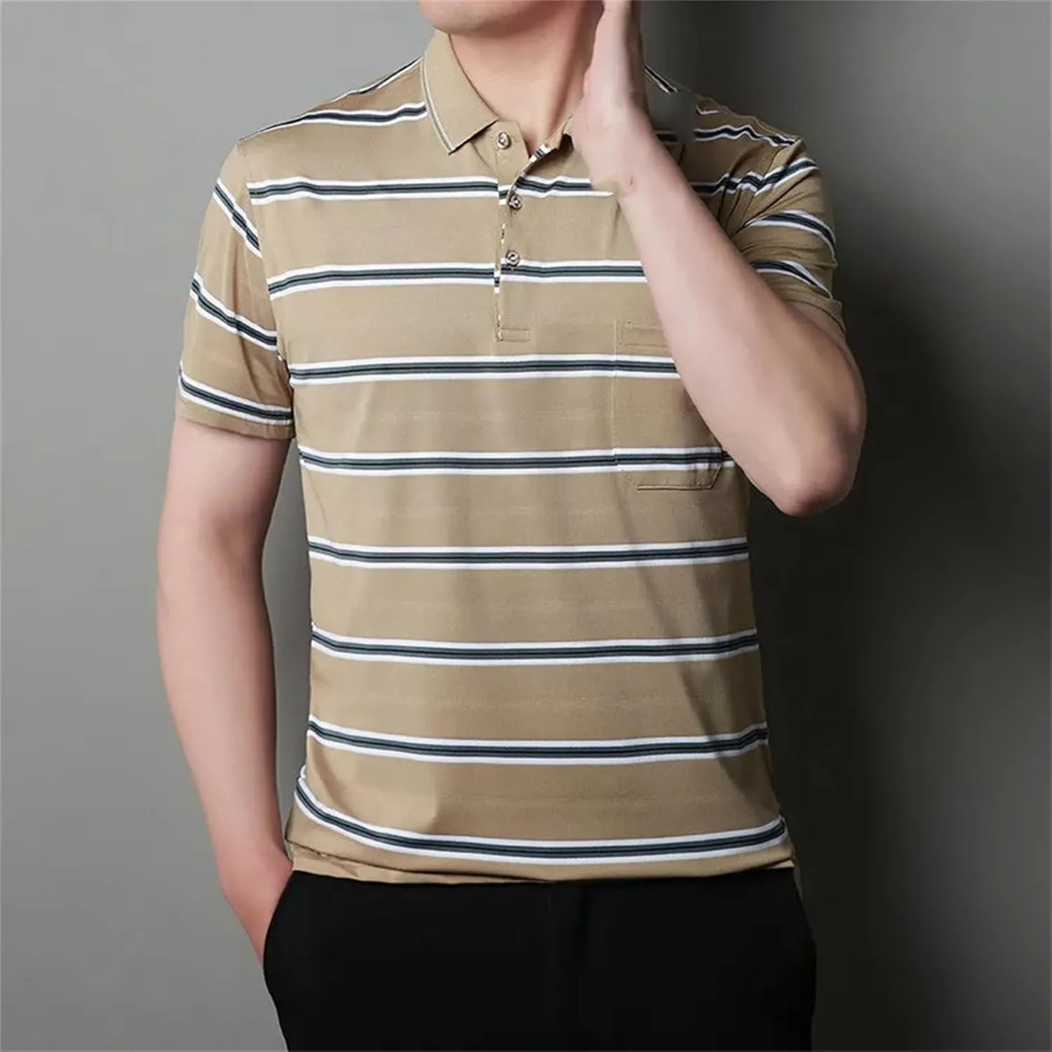 Mnjyihy Men Cotton Striped Polo Shirt Summer Short Sleeve Business Casual Breathable Quick-Dry Golf T Shirt