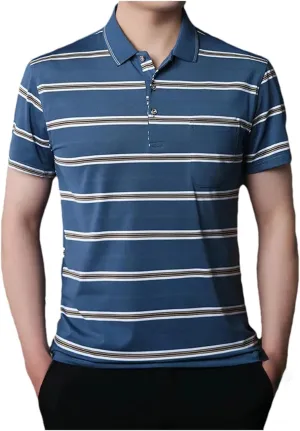 Mnjyihy Men Cotton Striped Polo Shirt Summer Short Sleeve Business Casual Breathable Quick-Dry Golf T Shirt