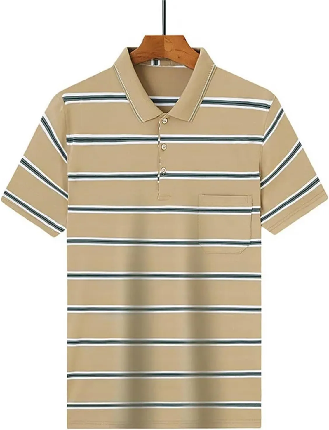 Mnjyihy Men Cotton Striped Polo Shirt Summer Short Sleeve Business Casual Breathable Quick-Dry Golf T Shirt
