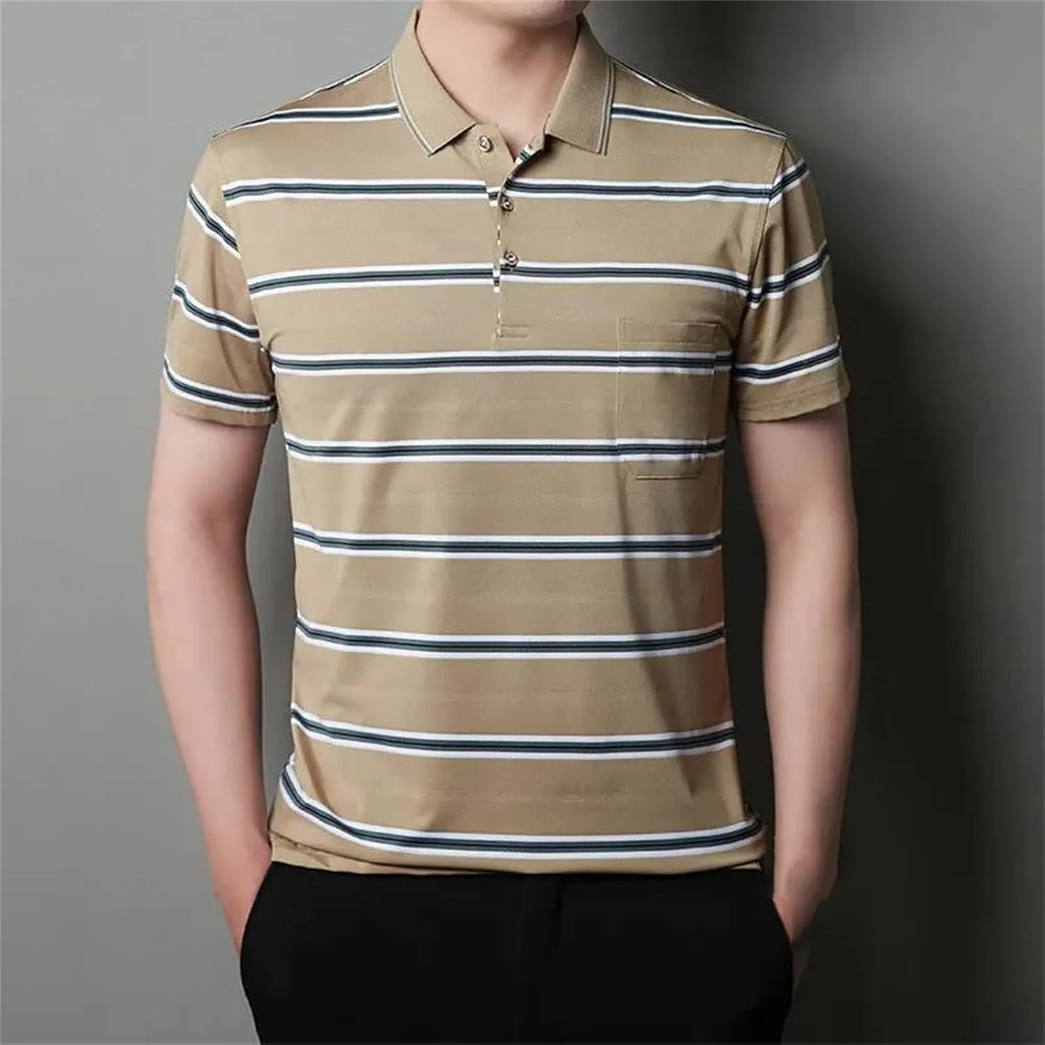 Mnjyihy Men Cotton Striped Polo Shirt Summer Short Sleeve Business Casual Breathable Quick-Dry Golf T Shirt