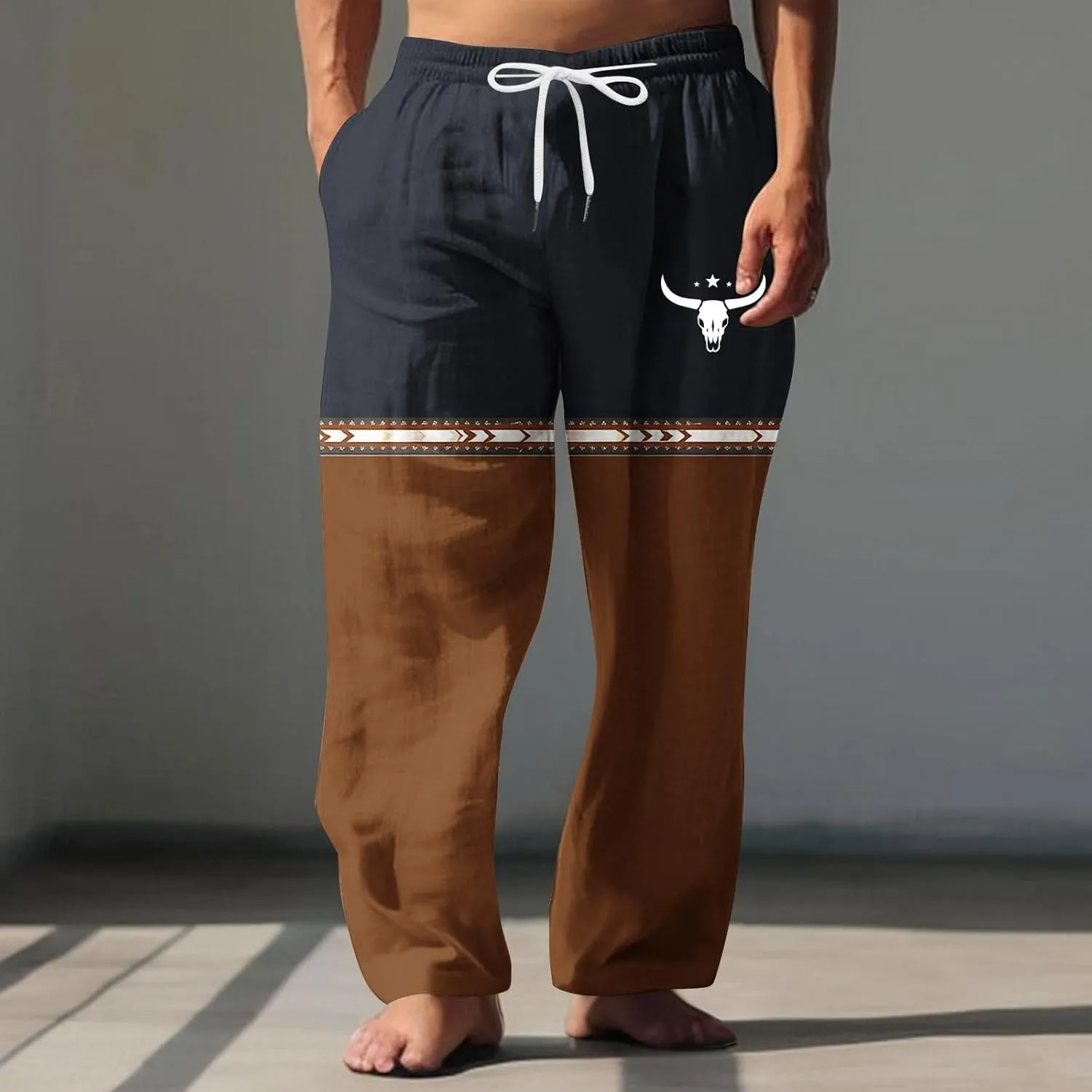 Muscularfit Linen Pant for Men Summer Casual Drawstring Elastic Waist Baggy Trouser with Pockets Ethnic Print Beach Sweatpant