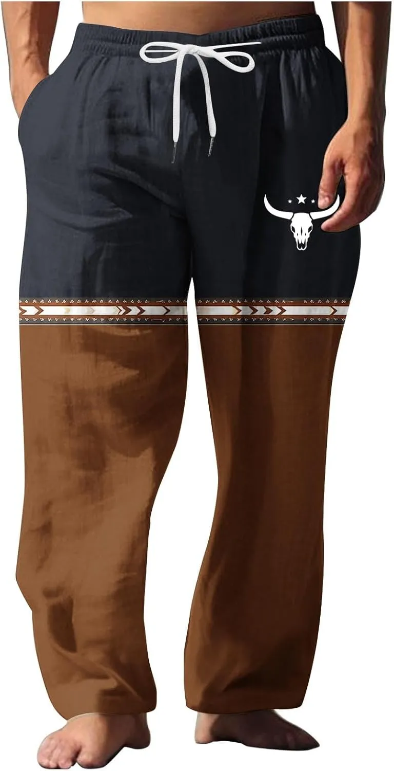 Muscularfit Linen Pant for Men Summer Casual Drawstring Elastic Waist Baggy Trouser with Pockets Ethnic Print Beach Sweatpant