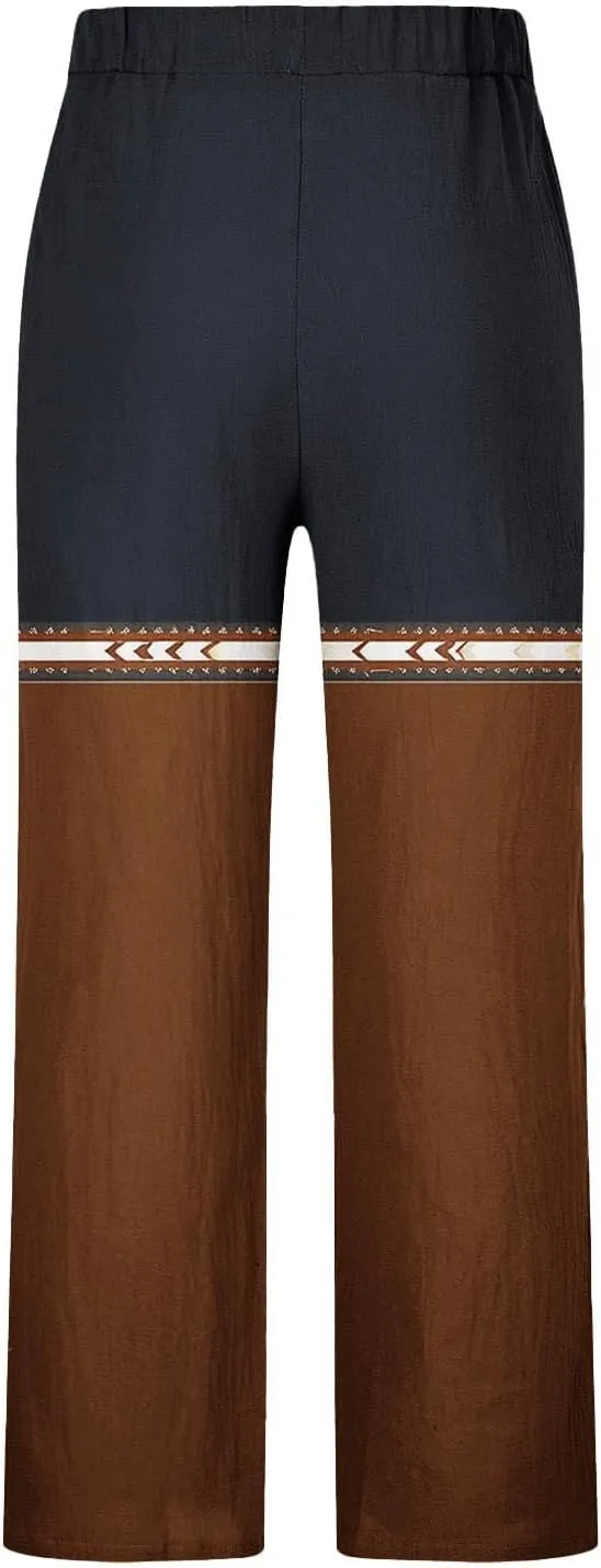 Muscularfit Linen Pant for Men Summer Casual Drawstring Elastic Waist Baggy Trouser with Pockets Ethnic Print Beach Sweatpant