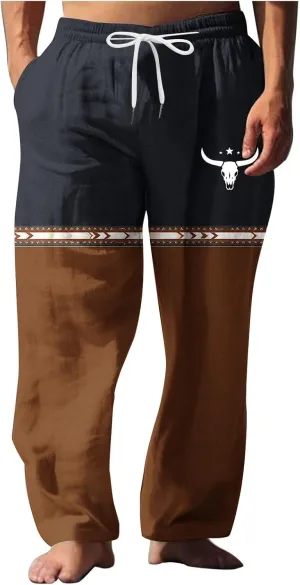 Muscularfit Linen Pant for Men Summer Casual Drawstring Elastic Waist Baggy Trouser with Pockets Ethnic Print Beach Sweatpant