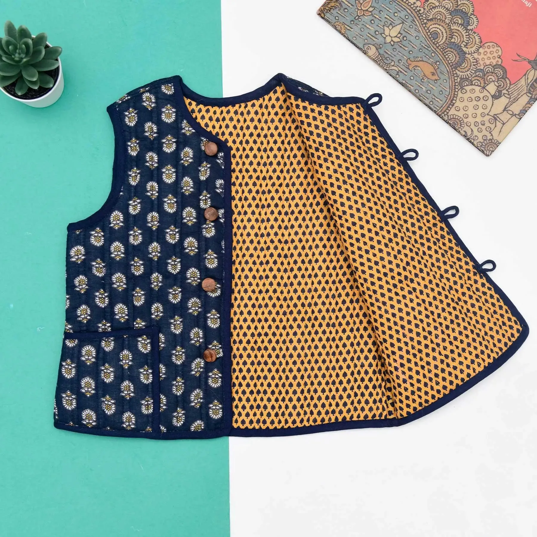 Mustard and Blue Quilted 100% Cotton Reverisble Bundi Unisex (0-12 Years)