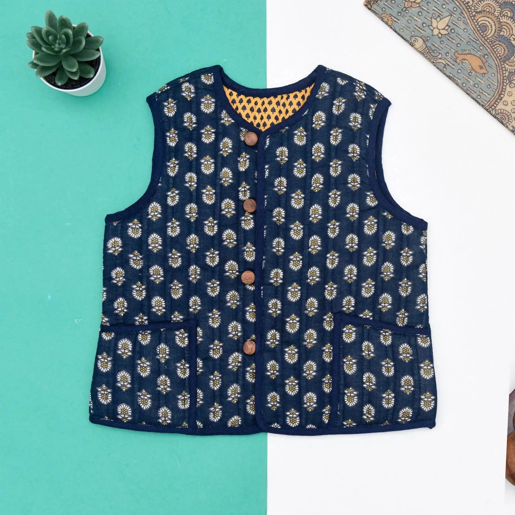 Mustard and Blue Quilted 100% Cotton Reverisble Bundi Unisex (0-12 Years)