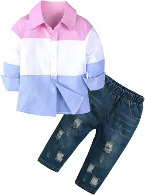 MYGBCPJS 3Pcs Boy Handsome Outfit Set Plaid Shirt   T-Shirt   Suspender Jean Sets