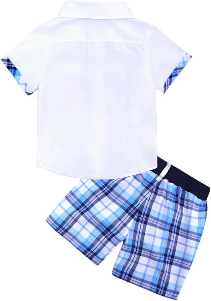 MYGBCPJS 3Pcs Boy Handsome Outfit Set Plaid Shirt   T-Shirt   Suspender Jean Sets