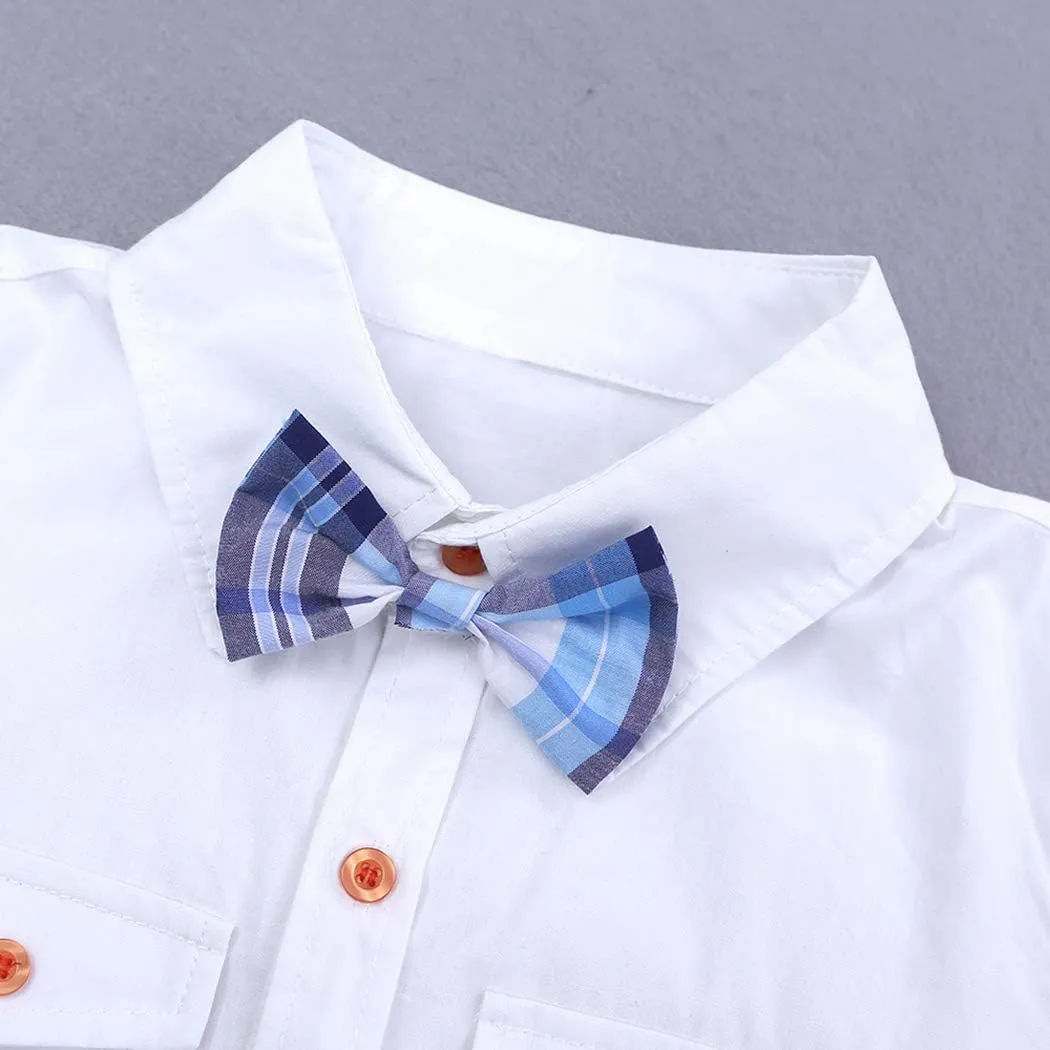 MYGBCPJS 3Pcs Boy Handsome Outfit Set Plaid Shirt   T-Shirt   Suspender Jean Sets