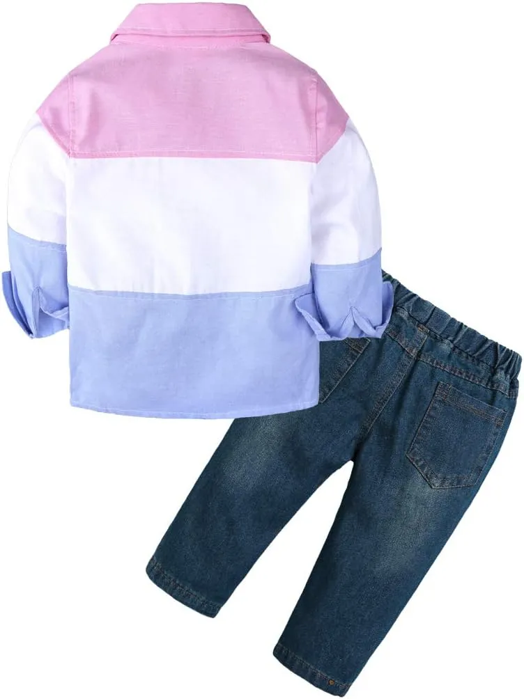MYGBCPJS 3Pcs Boy Handsome Outfit Set Plaid Shirt   T-Shirt   Suspender Jean Sets
