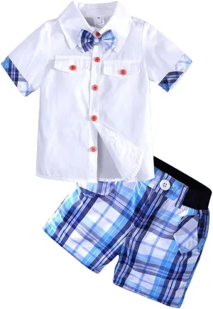 MYGBCPJS 3Pcs Boy Handsome Outfit Set Plaid Shirt   T-Shirt   Suspender Jean Sets