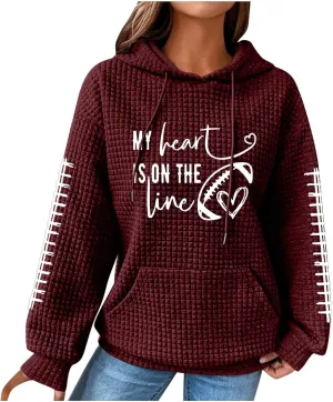 Mzkdieey My Heart Is On The Line Sweatshirt Women Football Game Day Waffle Knit Sweatshirt Long Sleeve Pullover with Pocket