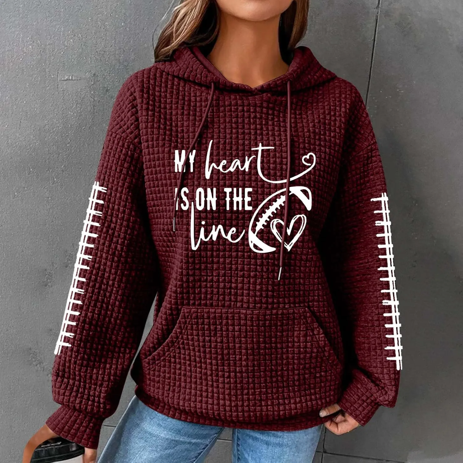 Mzkdieey My Heart Is On The Line Sweatshirt Women Football Game Day Waffle Knit Sweatshirt Long Sleeve Pullover with Pocket