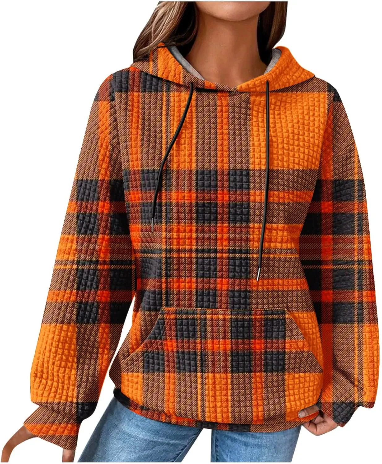 Mzkdieey Women's Fashion Long Sleeve Striped Color Block Waffle Knit Hoodie Oversized Crew Neck Loose Pullover Jumper Tops