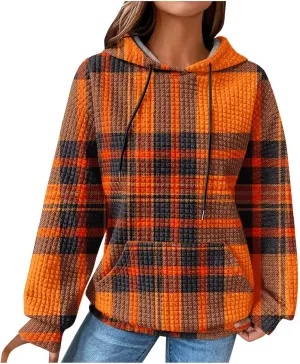 Mzkdieey Women's Fashion Long Sleeve Striped Color Block Waffle Knit Hoodie Oversized Crew Neck Loose Pullover Jumper Tops
