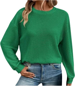 Mzkdieey Womens Waffle Knit Sweatshirts Oversized Crewneck Sweater 2024 Long Sleeve Solid Color Pullover Jumper Tops