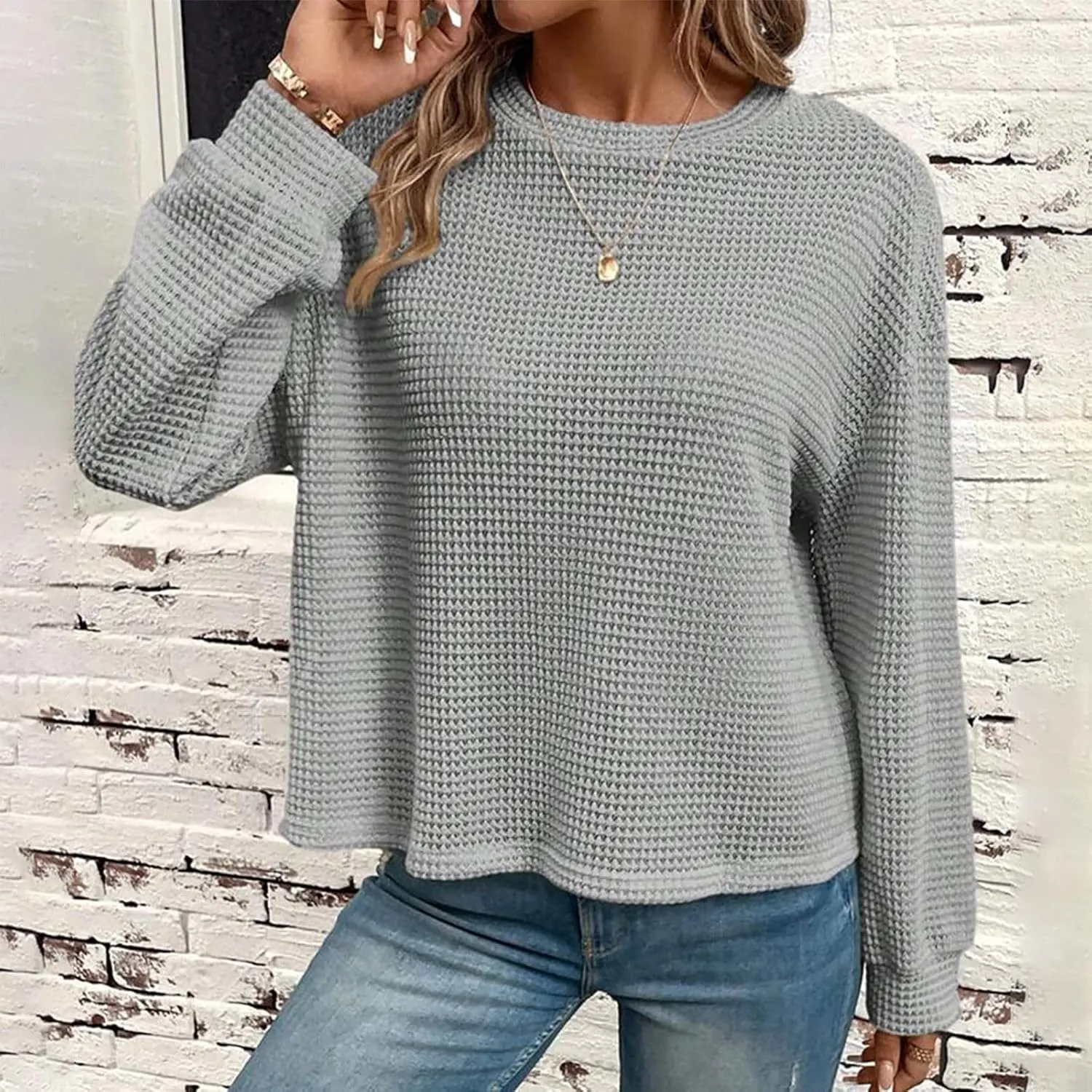 Mzkdieey Womens Waffle Knit Sweatshirts Oversized Crewneck Sweater 2024 Long Sleeve Solid Color Pullover Jumper Tops