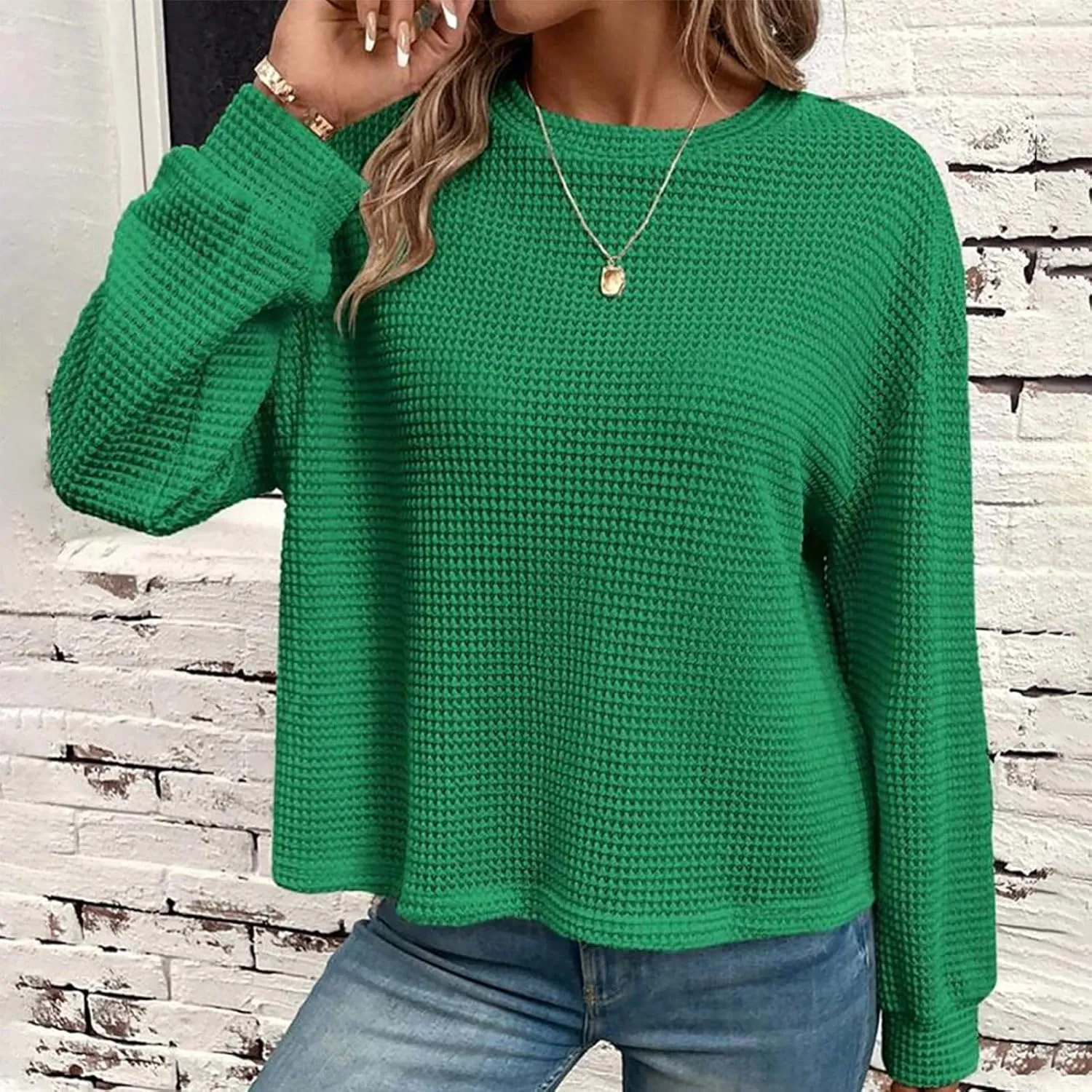 Mzkdieey Womens Waffle Knit Sweatshirts Oversized Crewneck Sweater 2024 Long Sleeve Solid Color Pullover Jumper Tops