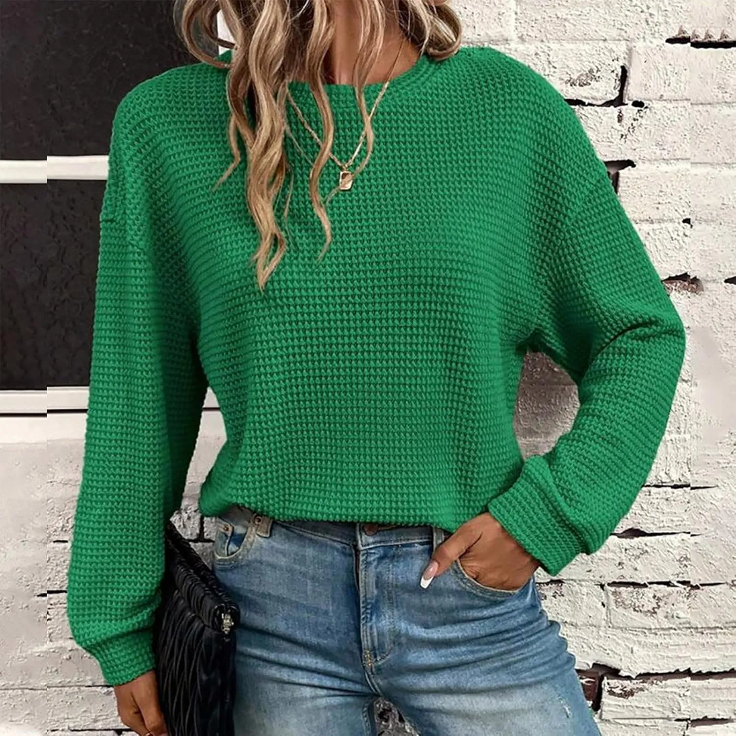 Mzkdieey Womens Waffle Knit Sweatshirts Oversized Crewneck Sweater 2024 Long Sleeve Solid Color Pullover Jumper Tops