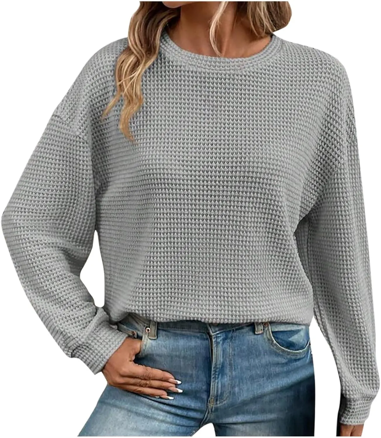 Mzkdieey Womens Waffle Knit Sweatshirts Oversized Crewneck Sweater 2024 Long Sleeve Solid Color Pullover Jumper Tops