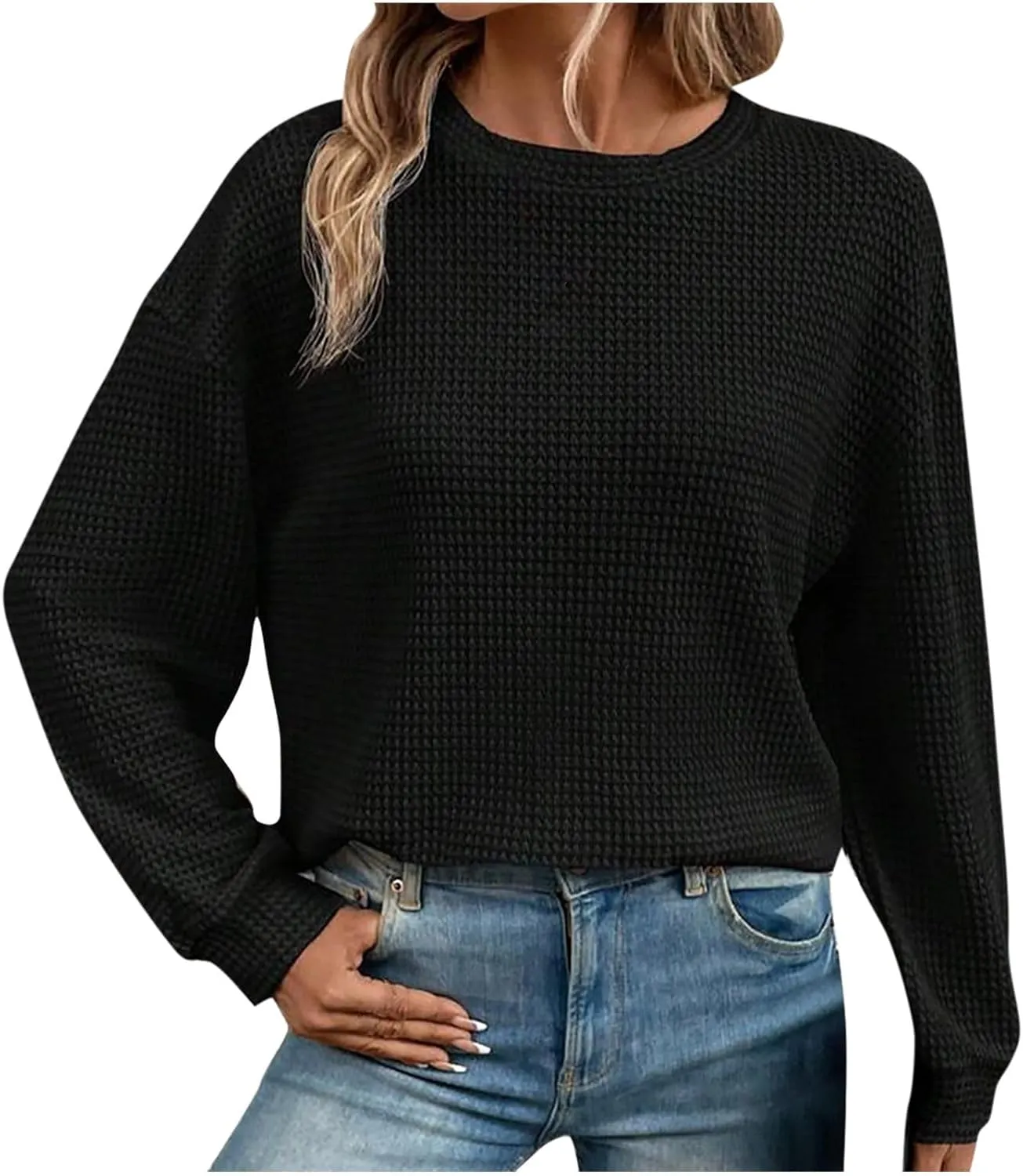 Mzkdieey Womens Waffle Knit Sweatshirts Oversized Crewneck Sweater 2024 Long Sleeve Solid Color Pullover Jumper Tops