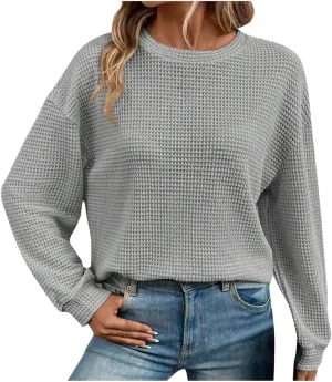 Mzkdieey Womens Waffle Knit Sweatshirts Oversized Crewneck Sweater 2024 Long Sleeve Solid Color Pullover Jumper Tops