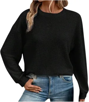 Mzkdieey Womens Waffle Knit Sweatshirts Oversized Crewneck Sweater 2024 Long Sleeve Solid Color Pullover Jumper Tops