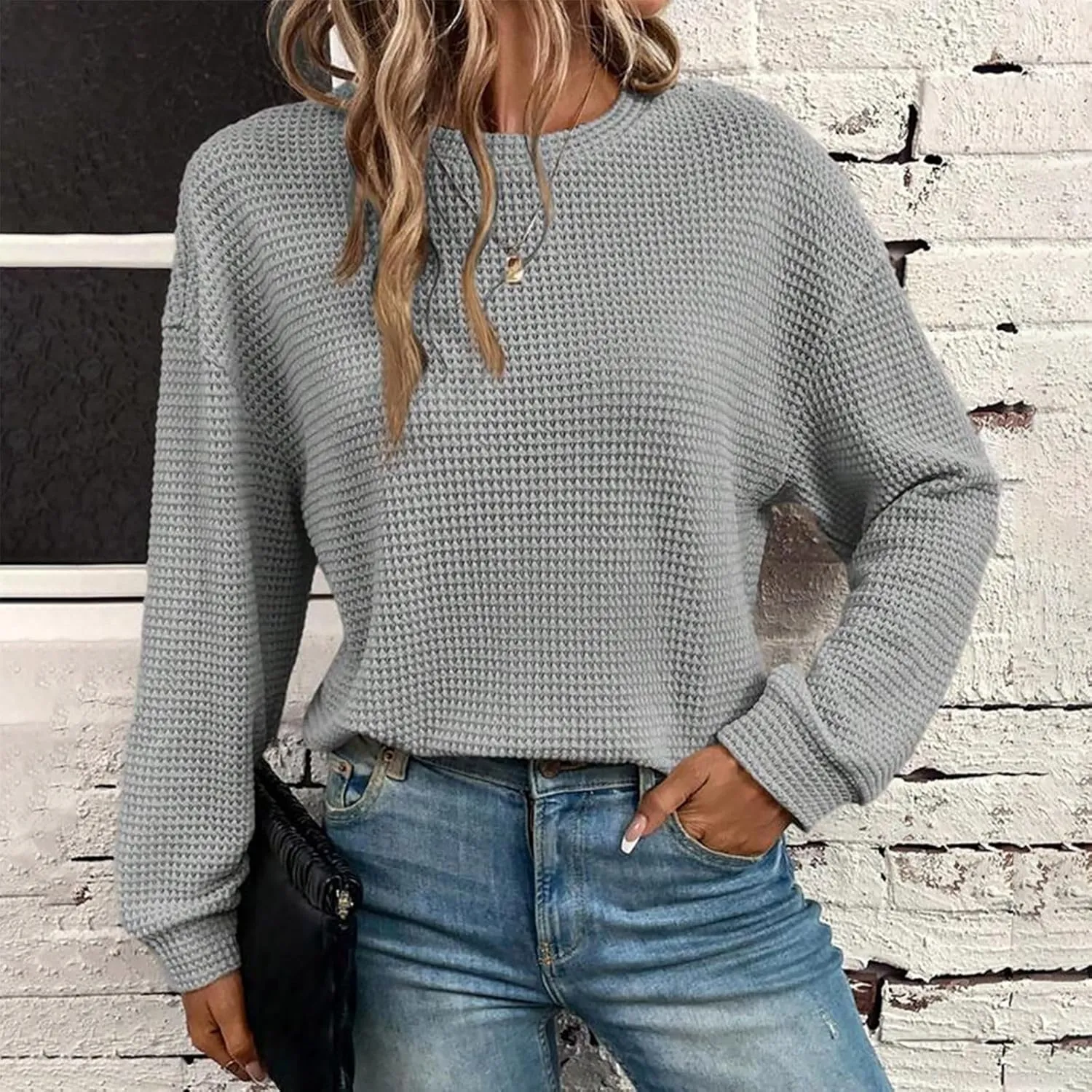 Mzkdieey Womens Waffle Knit Sweatshirts Oversized Crewneck Sweater 2024 Long Sleeve Solid Color Pullover Jumper Tops