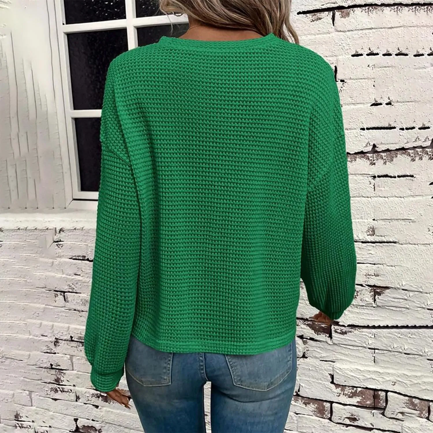 Mzkdieey Womens Waffle Knit Sweatshirts Oversized Crewneck Sweater 2024 Long Sleeve Solid Color Pullover Jumper Tops