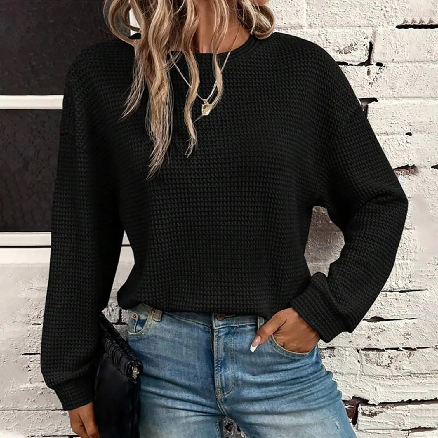 Mzkdieey Womens Waffle Knit Sweatshirts Oversized Crewneck Sweater 2024 Long Sleeve Solid Color Pullover Jumper Tops