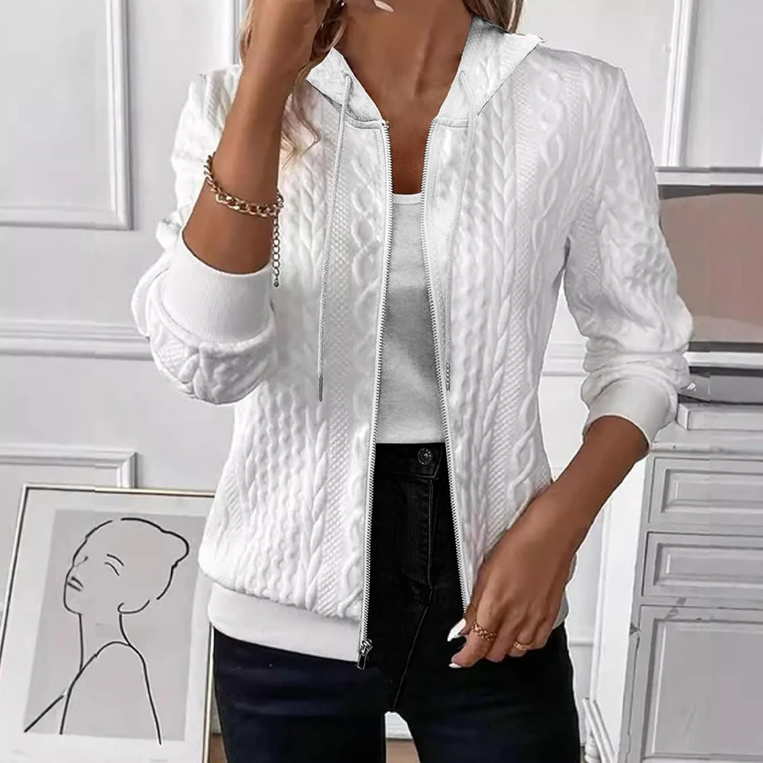 Mzkdieey Zip Up Cardigan Sweater for Women Cable Knit Hoodie Long Sleeve Jacket Oversized Outwear Drawstring Sweatshirts