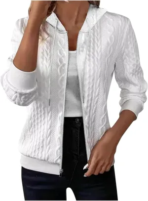 Mzkdieey Zip Up Cardigan Sweater for Women Cable Knit Hoodie Long Sleeve Jacket Oversized Outwear Drawstring Sweatshirts