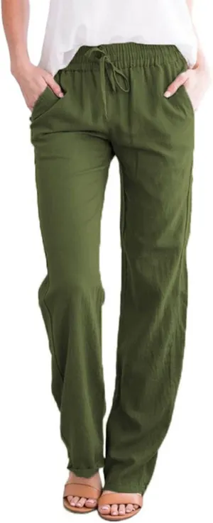 NATHGAM Womens Pants Casual Dressy Summer Cotton Linen Trousers High Waist Straight Leg Loose Drawstring Lounge Beach Pants