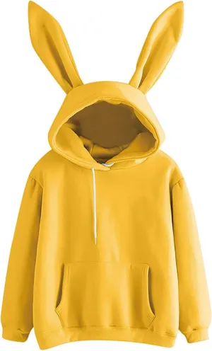 Oplxuo Women Bunny Ear Hoodies Kawaii Pullover Tops Rabbit Ear Sweatshirt with Pocket Cute Animal Hoodie for Teen Girls