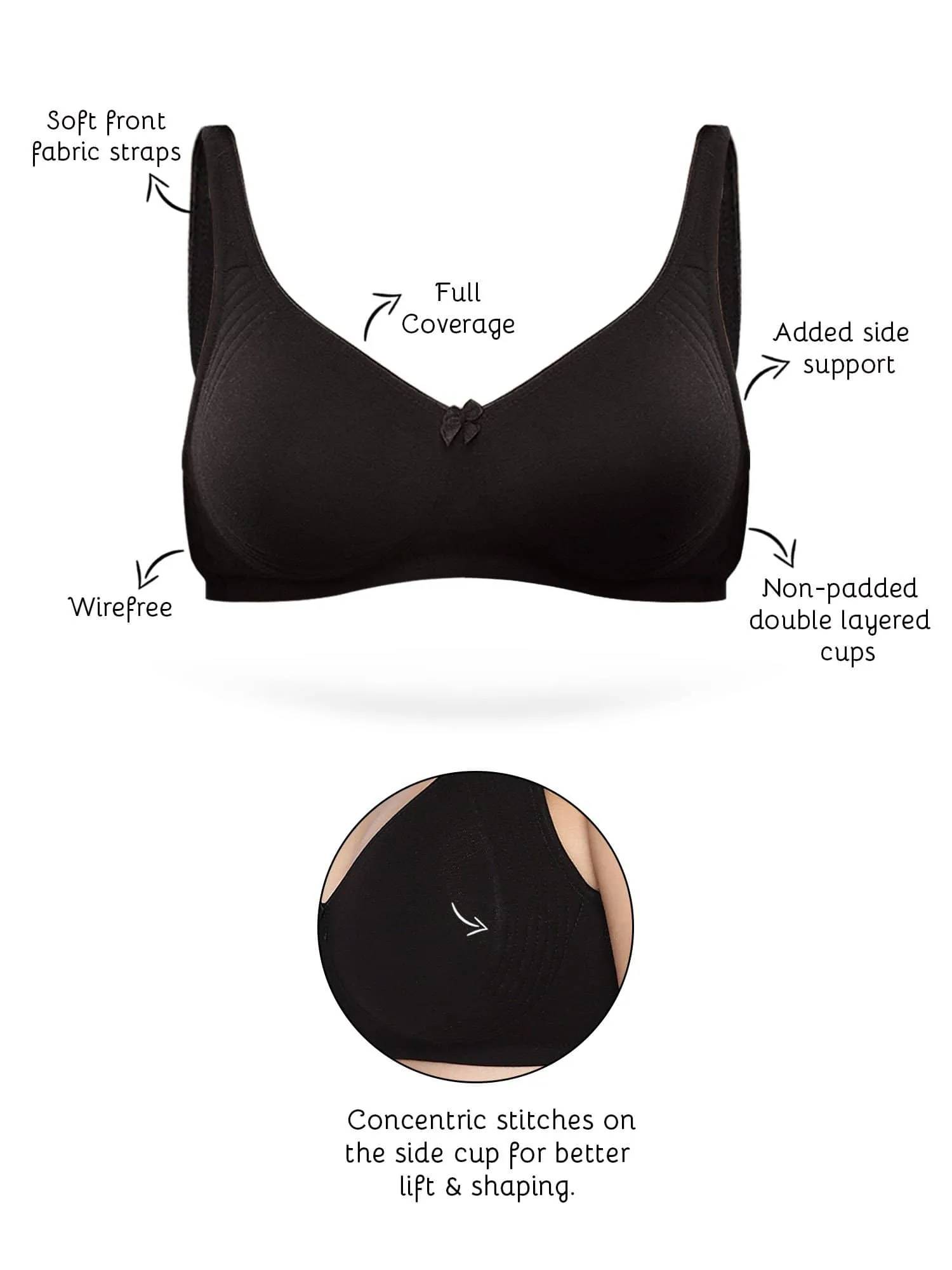 Organic Cotton  Antimicrobial  Seamless Side Support Bra (Pack of 2)-ISB057-Black_Skin-