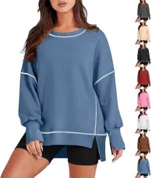 Oversized Crewneck Sweatshirt Women Loose Fit Trendy High Low Tops Casual Lightweight Stitch Hoodies Fall Clothes