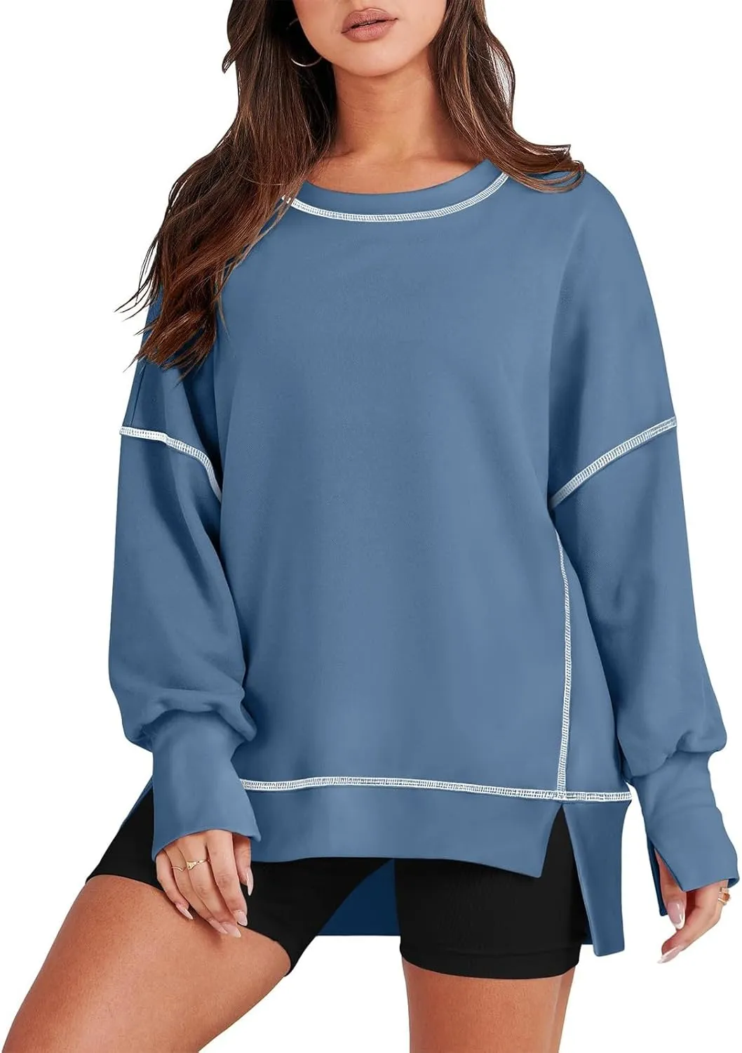 Oversized Crewneck Sweatshirt Women Loose Fit Trendy High Low Tops Casual Lightweight Stitch Hoodies Fall Clothes