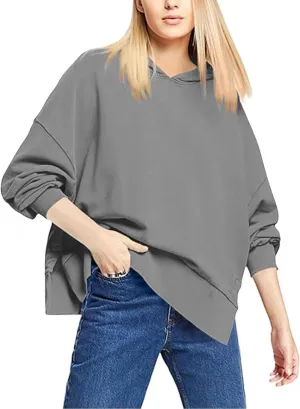 Oversized Hoodies for Women Split Side Hem Hooded Neck Sweatshirts Casual Long Sleeve Drop Shoulder Pullover Tops
