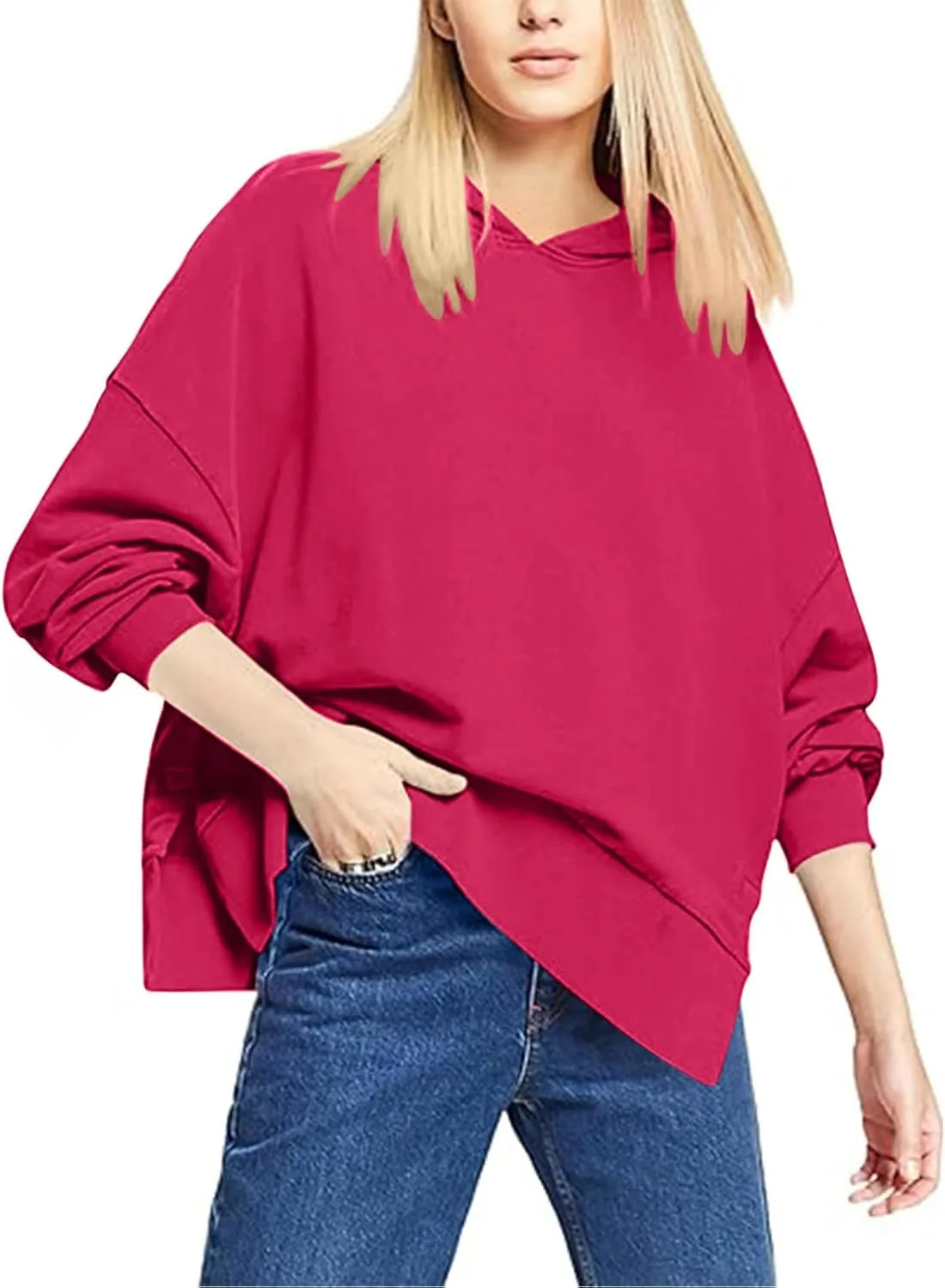 Oversized Hoodies for Women Split Side Hem Hooded Neck Sweatshirts Casual Long Sleeve Drop Shoulder Pullover Tops