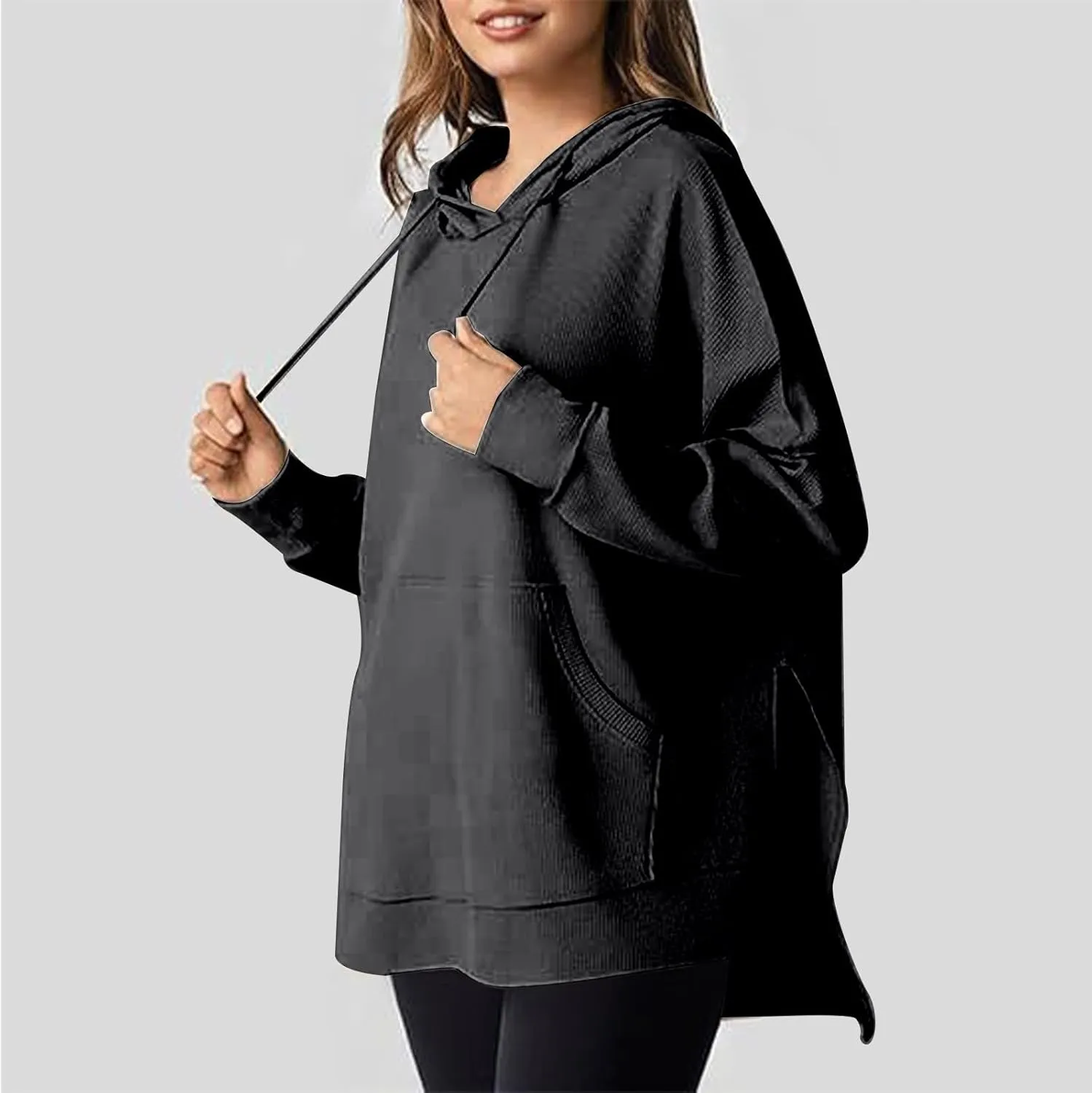 Oversized Hoodies for Women Waffle Knit Drawstring Hooded Sweatshirt with Pocket Casual Side Slit Pullover Sweaters