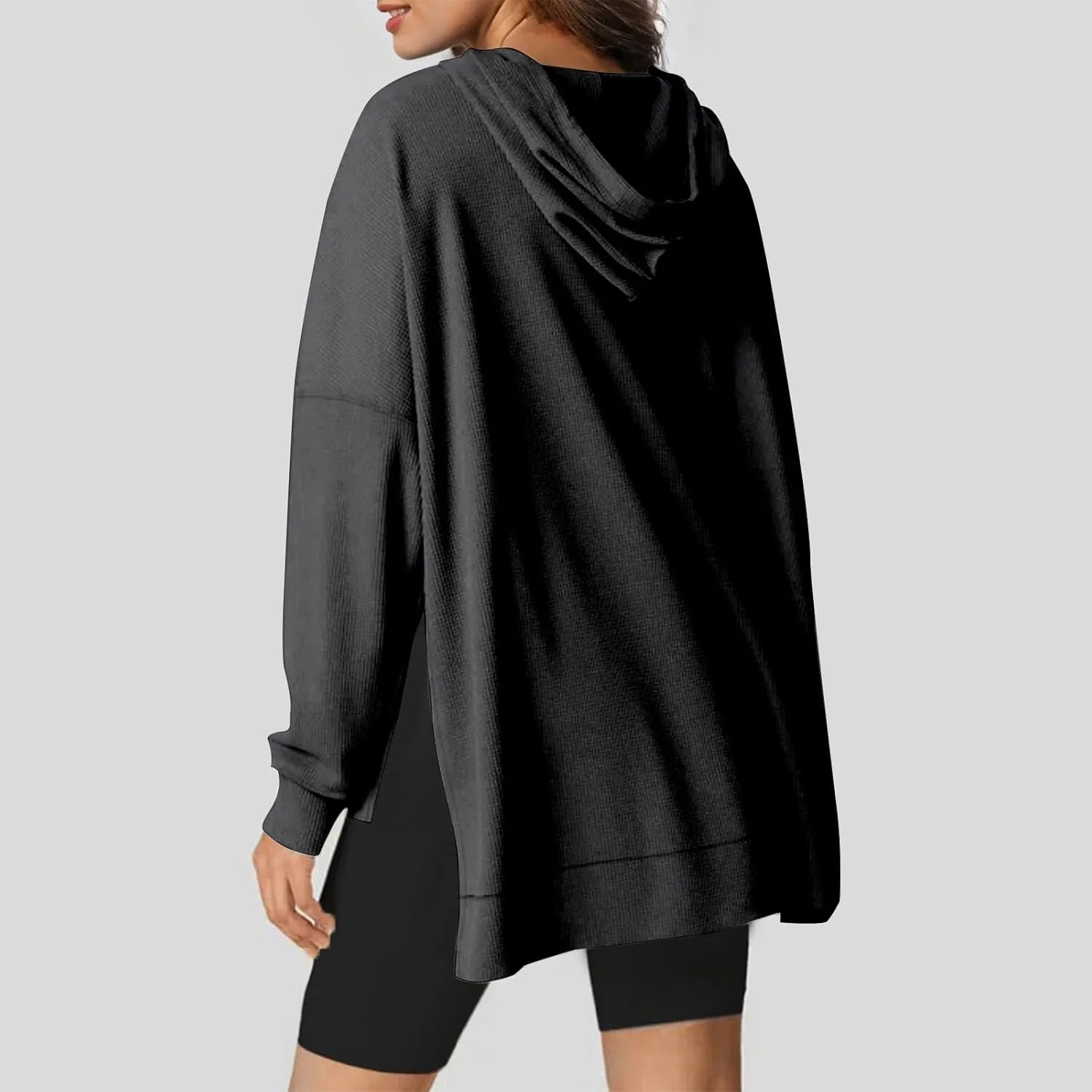 Oversized Hoodies for Women Waffle Knit Drawstring Hooded Sweatshirt with Pocket Casual Side Slit Pullover Sweaters