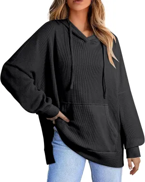 Oversized Hoodies for Women Waffle Knit Drawstring Hooded Sweatshirt with Pocket Casual Side Slit Pullover Sweaters